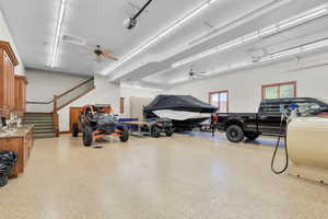 Garage with ceiling fan