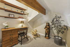 Office area with carpet and a textured ceiling