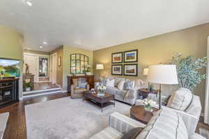 Living room featuring dark hardwood / wood-style flooring and a textured ceiling