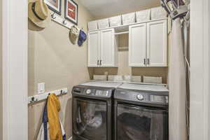 Laundry room featuring cabinets and washing machine and clothes dryer