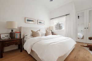 Bedroom with light wood-type flooring, lofted ceiling, and a closet