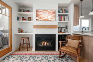 Sitting room with built in shelves and sink