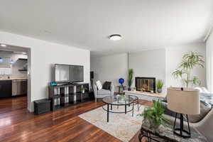 Living room featuring dark hardwood / wood-style floors and a brick fireplace