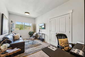 Office space featuring a textured ceiling and light colored carpet