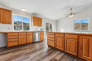 Kitchen featuring dishwasher, dark hardwood / wood-style flooring, a mountain view, and a healthy amount of sunlight