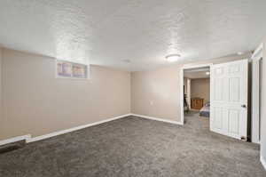 Basement featuring a textured ceiling and carpet floors