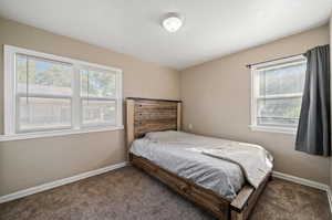 Bedroom featuring dark colored carpet