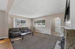 Living room featuring light hardwood / wood-style floors and a textured ceiling