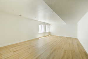 The basement family room features light hardwood / wood-style floors and a textured ceiling. 2411 S.