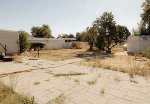 View of patio / terrace with a shed