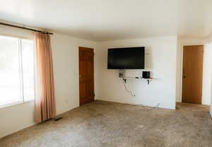 Unfurnished living room with light colored carpet and a healthy amount of sunlight