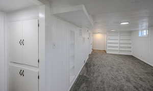 Basement with a textured ceiling and carpet