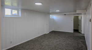 Basement featuring a textured ceiling and dark carpet