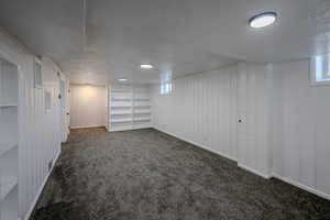 Basement featuring a textured ceiling, plenty of natural light, and carpet flooring