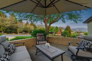 View of patio with a mountain view