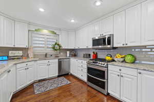 Kitchen featuring appliances with stainless steel finishes, tasteful backsplash, dark wood-type flooring, sink, and white cabinets