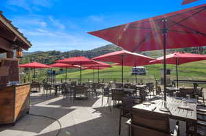 View of patio featuring a mountain view