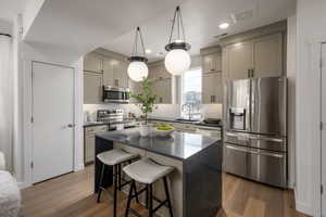 Kitchen featuring light hardwood / wood-style flooring, stainless steel appliances, a kitchen island, sink, and cabinetry. *Model Home Photo. Colors and finishes will vary.