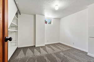 Carpeted spare room with a textured ceiling