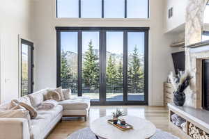 Living room featuring a mountain view, light hardwood / wood-style flooring, and a high ceiling