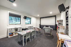 Home theater featuring dark carpet