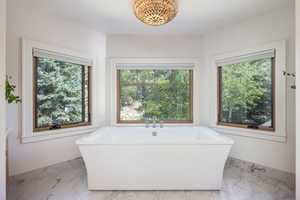 Bathroom with a washtub and a wealth of natural light