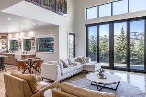 Living room with a mountain view, a towering ceiling, and light hardwood / wood-style flooring