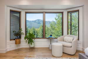 Sitting room featuring a mountain view and light hardwood / wood-style flooring