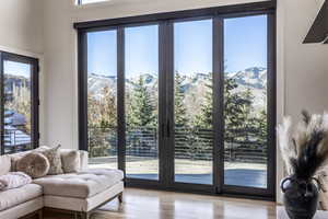 Doorway featuring a mountain view and light hardwood / wood-style floors