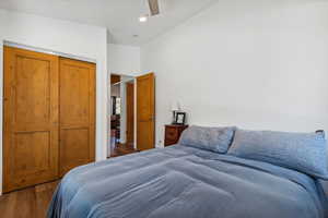 Bedroom with lofted ceiling, ceiling fan, hardwood / wood-style floors, and a closet