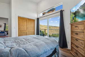 Bedroom featuring hardwood / wood-style floors, access to exterior, and a closet