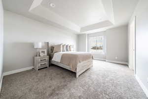 Carpeted bedroom featuring a tray ceiling