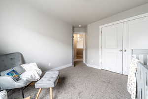 Living area with light colored carpet