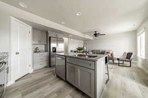 Kitchen featuring stainless steel appliances, sink, ceiling fan, a center island with sink, and gray cabinetry