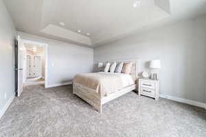 Bedroom with a tray ceiling and light colored carpet