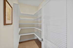 A light walk-in pantry designed to be both functional and visually appealing, offering ample storage space while maintaining a bright and welcoming atmosphere.