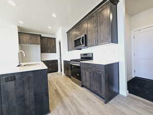 Kitchen featuring sink, tasteful backsplash, dark brown cabinets, stainless steel appliances, and light hardwood / wood-style floors