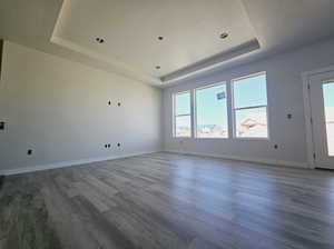 Spare room featuring a tray ceiling, a textured ceiling, and hardwood / wood-style floors