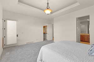 Bedroom with visible vents, a tray ceiling, and light colored carpet