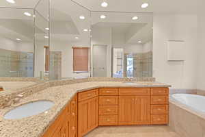 Bathroom with a sink, a shower stall, and double vanity