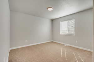 Carpeted spare room with a textured ceiling