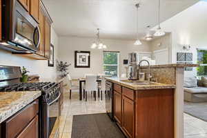 Kitchen with an inviting chandelier, appliances with stainless steel finishes, an island with sink, hanging light fixtures, and sink