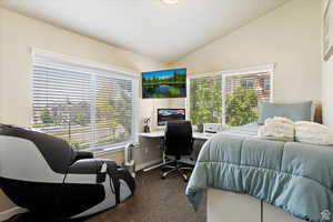 Carpeted bedroom featuring vaulted ceiling