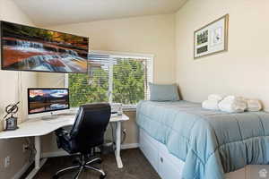 Bedroom with lofted ceiling and dark colored carpet