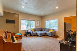 Carpeted living room with a textured ceiling