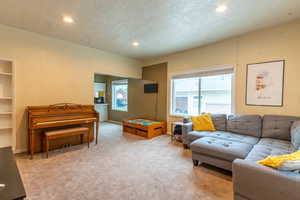 Living room featuring a textured ceiling and carpet