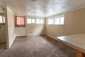 Carpeted empty room featuring washer / clothes dryer and ornamental molding