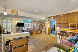 Interior space with a textured ceiling, carpet flooring, and wood walls