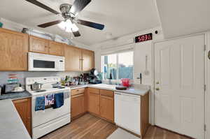 Kitchen with light hardwood / wood-style flooring, white appliances, sink, and ceiling fan