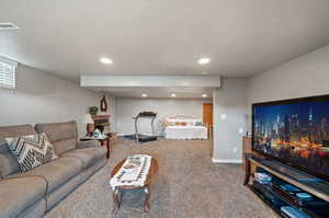 Living room with carpet and a textured ceiling